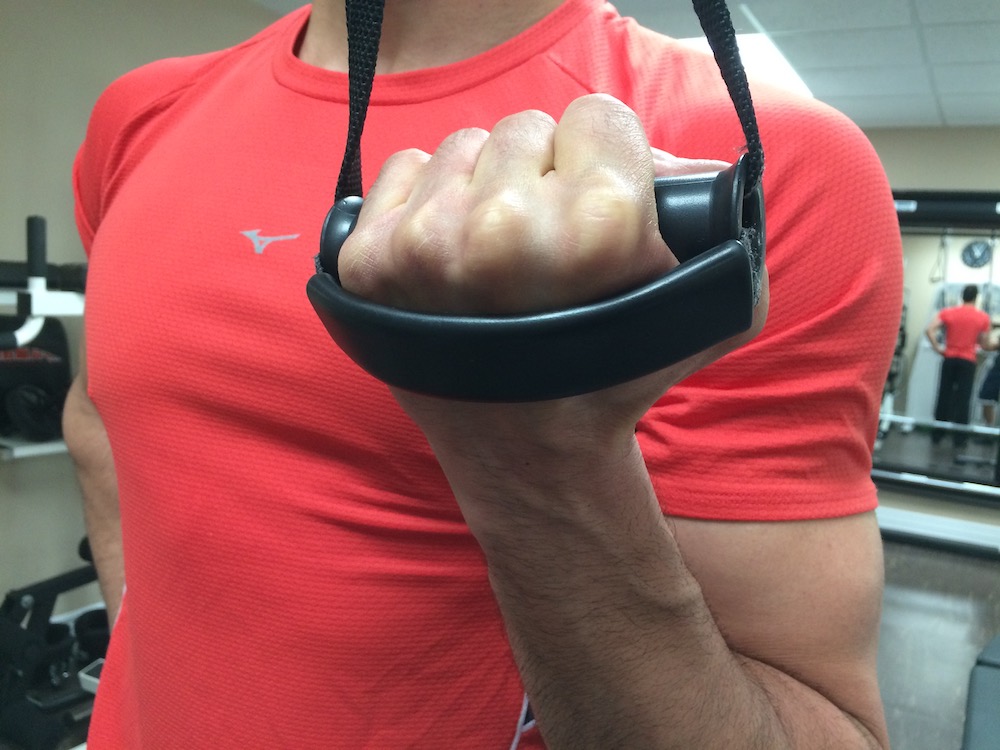 use a stirrup handle during reverse-grip pressdowns